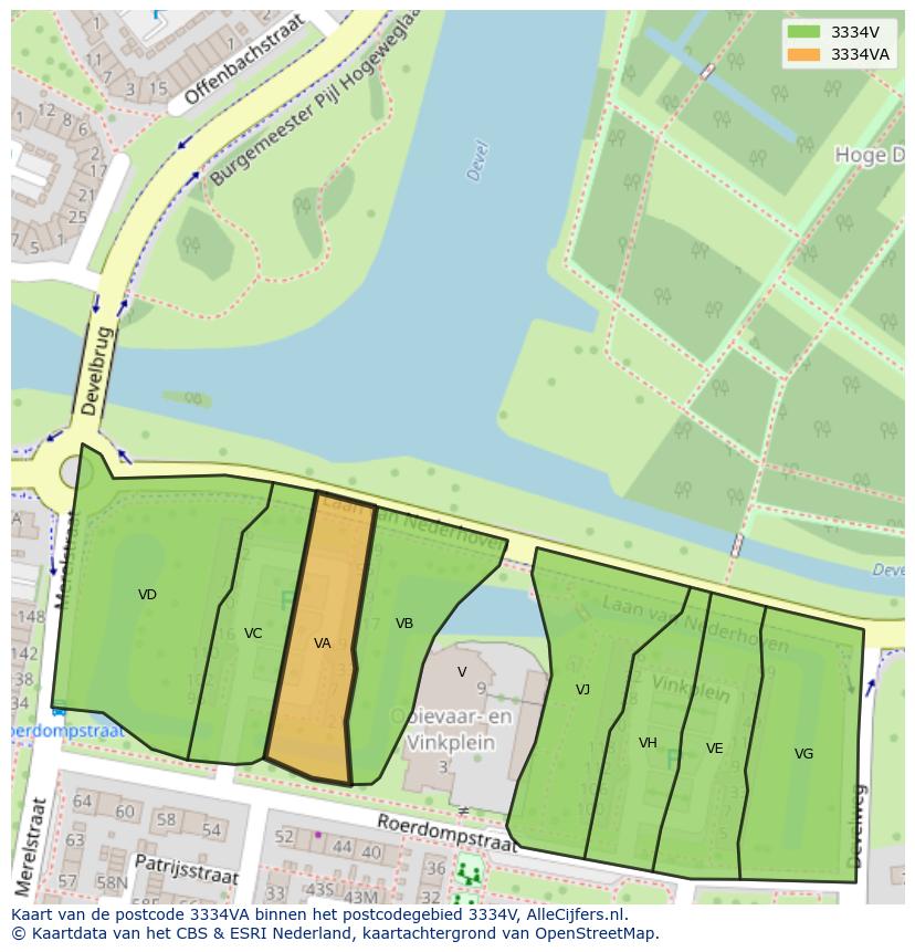Afbeelding van het postcodegebied 3334 VA op de kaart.