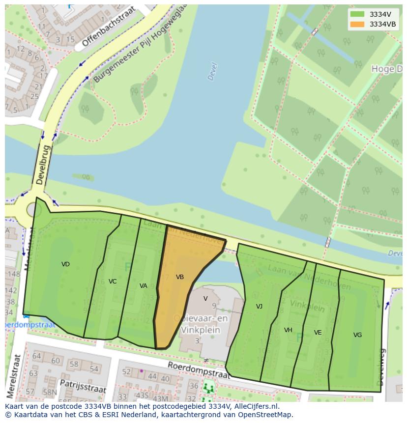 Afbeelding van het postcodegebied 3334 VB op de kaart.