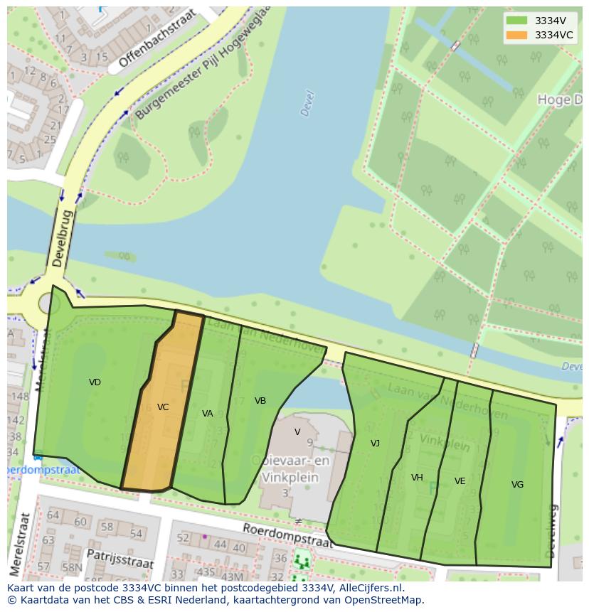 Afbeelding van het postcodegebied 3334 VC op de kaart.