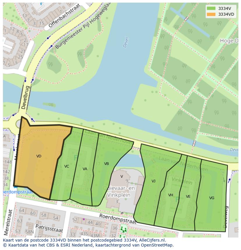 Afbeelding van het postcodegebied 3334 VD op de kaart.