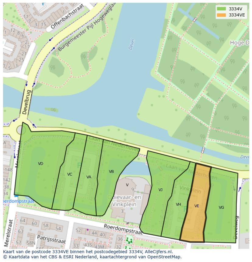 Afbeelding van het postcodegebied 3334 VE op de kaart.