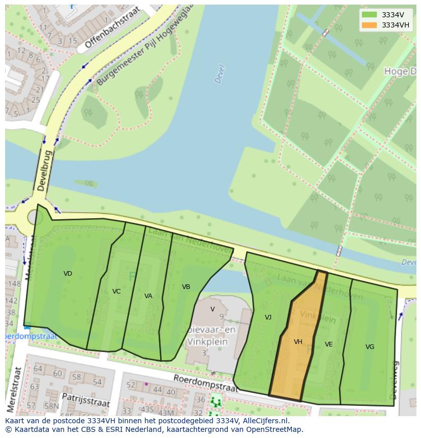 Afbeelding van het postcodegebied 3334 VH op de kaart.