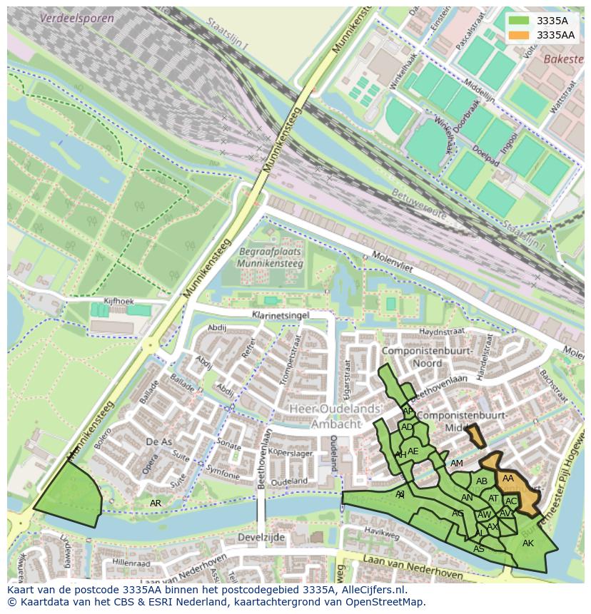 Afbeelding van het postcodegebied 3335 AA op de kaart.