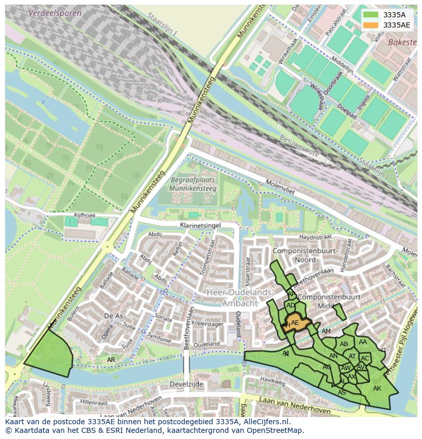 Afbeelding van het postcodegebied 3335 AE op de kaart.