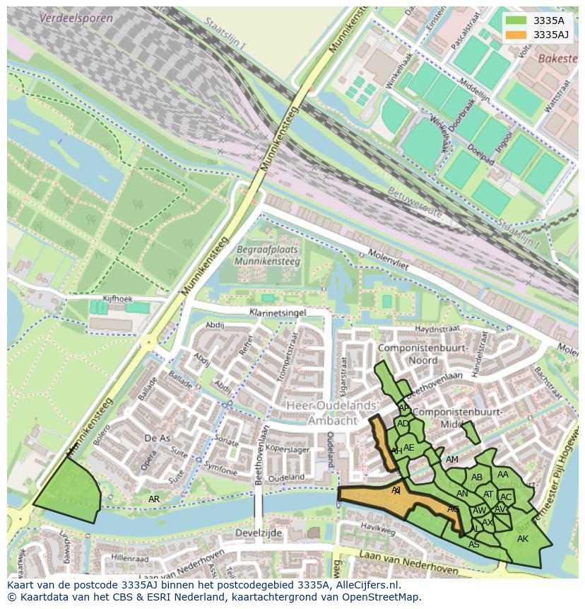 Afbeelding van het postcodegebied 3335 AJ op de kaart.