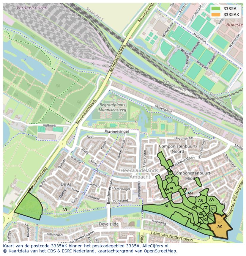 Afbeelding van het postcodegebied 3335 AK op de kaart.