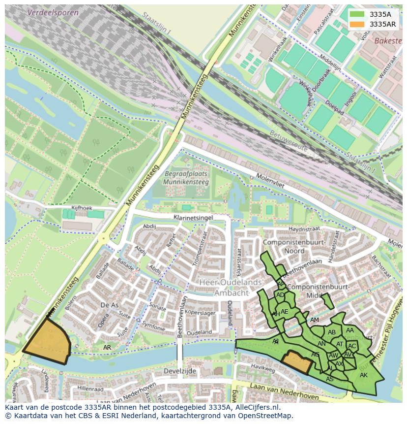 Afbeelding van het postcodegebied 3335 AR op de kaart.