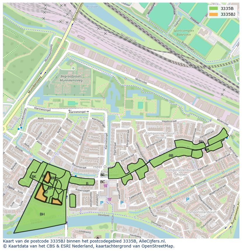 Afbeelding van het postcodegebied 3335 BJ op de kaart.