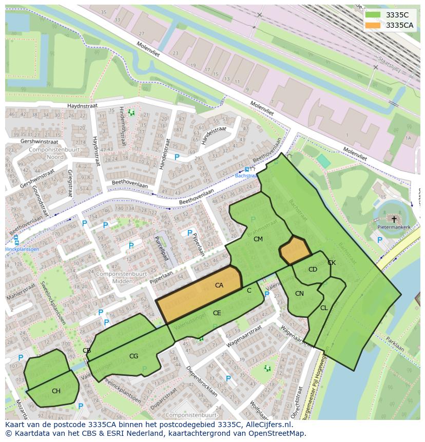 Afbeelding van het postcodegebied 3335 CA op de kaart.
