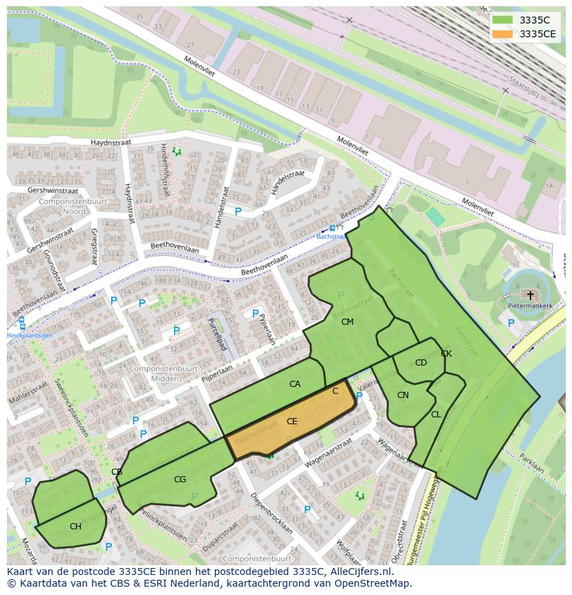 Afbeelding van het postcodegebied 3335 CE op de kaart.