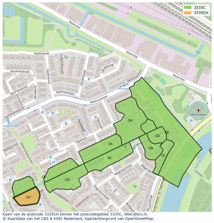 Afbeelding van het postcodegebied 3335 CH op de kaart.