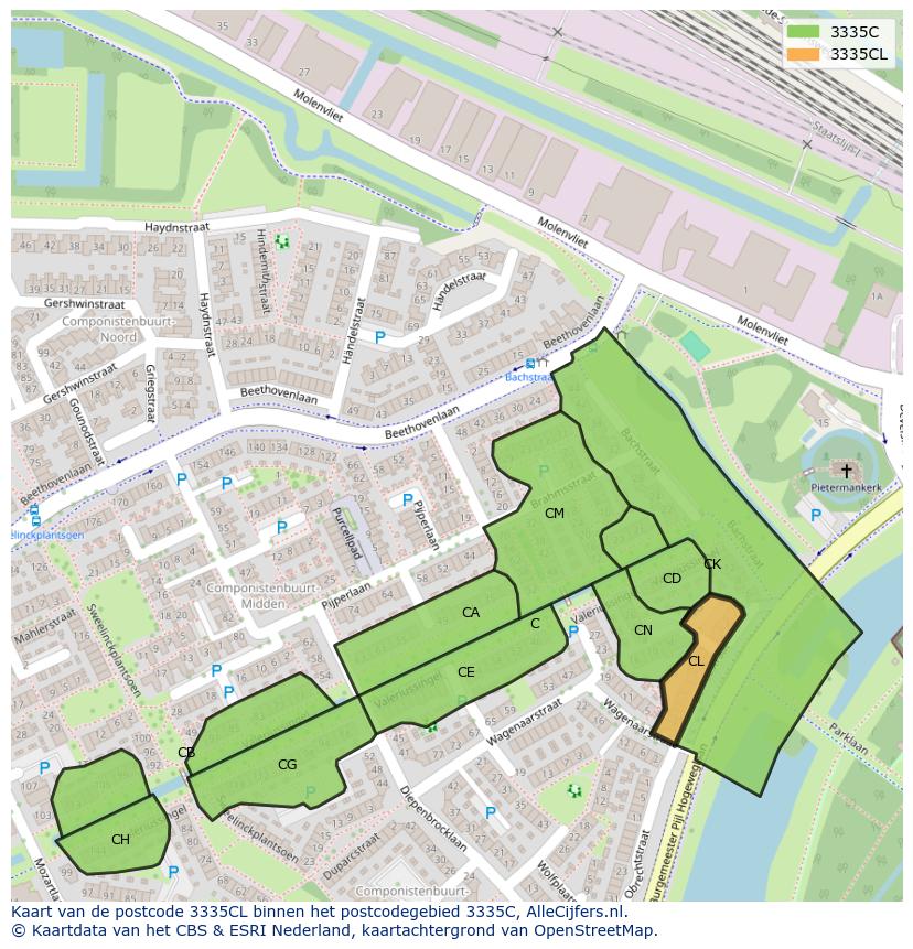 Afbeelding van het postcodegebied 3335 CL op de kaart.