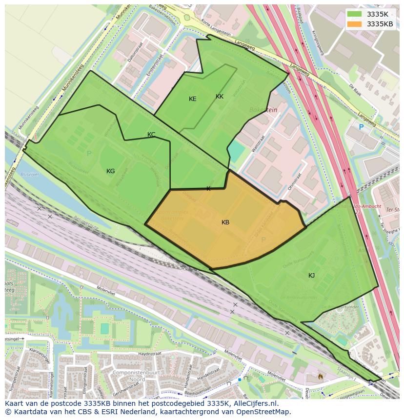 Afbeelding van het postcodegebied 3335 KB op de kaart.