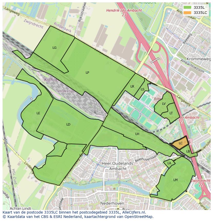 Afbeelding van het postcodegebied 3335 LC op de kaart.
