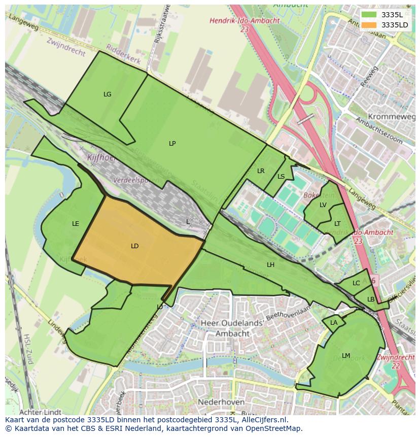 Afbeelding van het postcodegebied 3335 LD op de kaart.