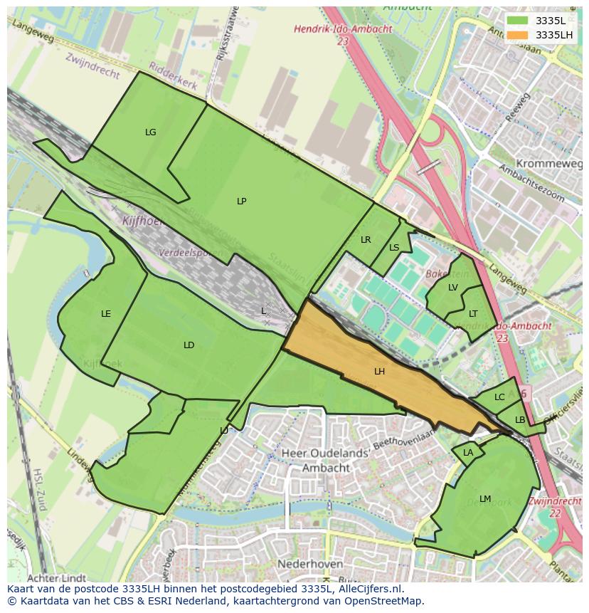 Afbeelding van het postcodegebied 3335 LH op de kaart.