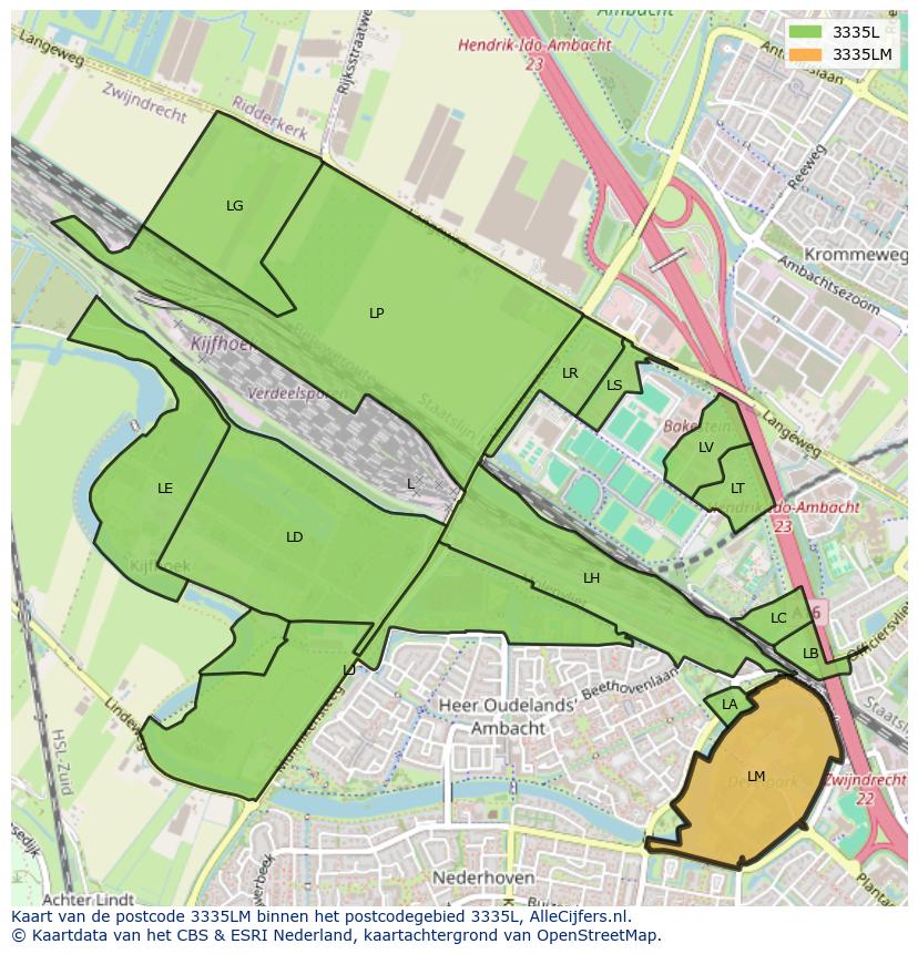 Afbeelding van het postcodegebied 3335 LM op de kaart.