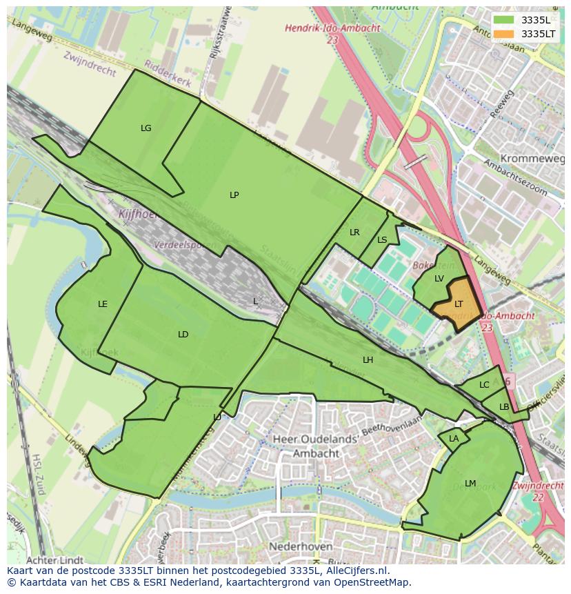Afbeelding van het postcodegebied 3335 LT op de kaart.