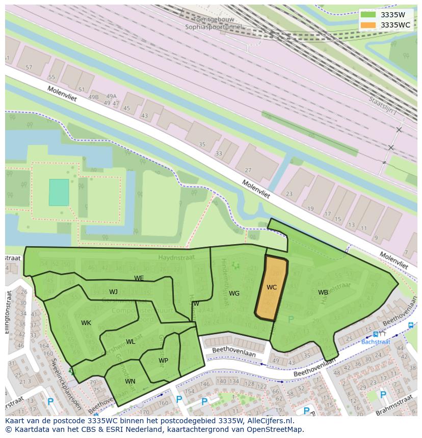Afbeelding van het postcodegebied 3335 WC op de kaart.