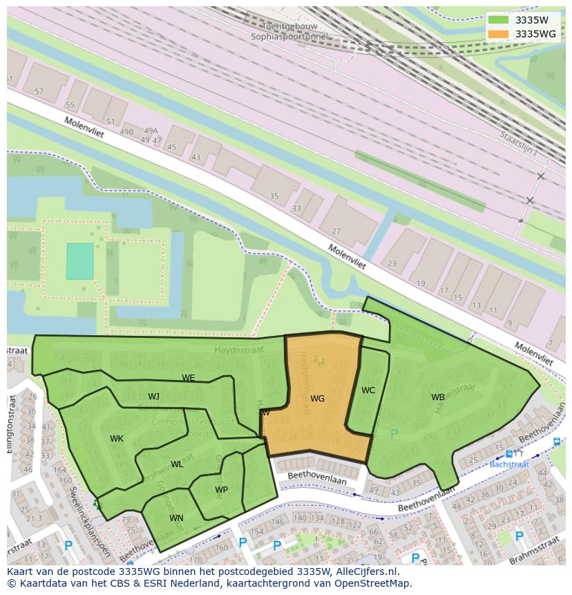 Afbeelding van het postcodegebied 3335 WG op de kaart.