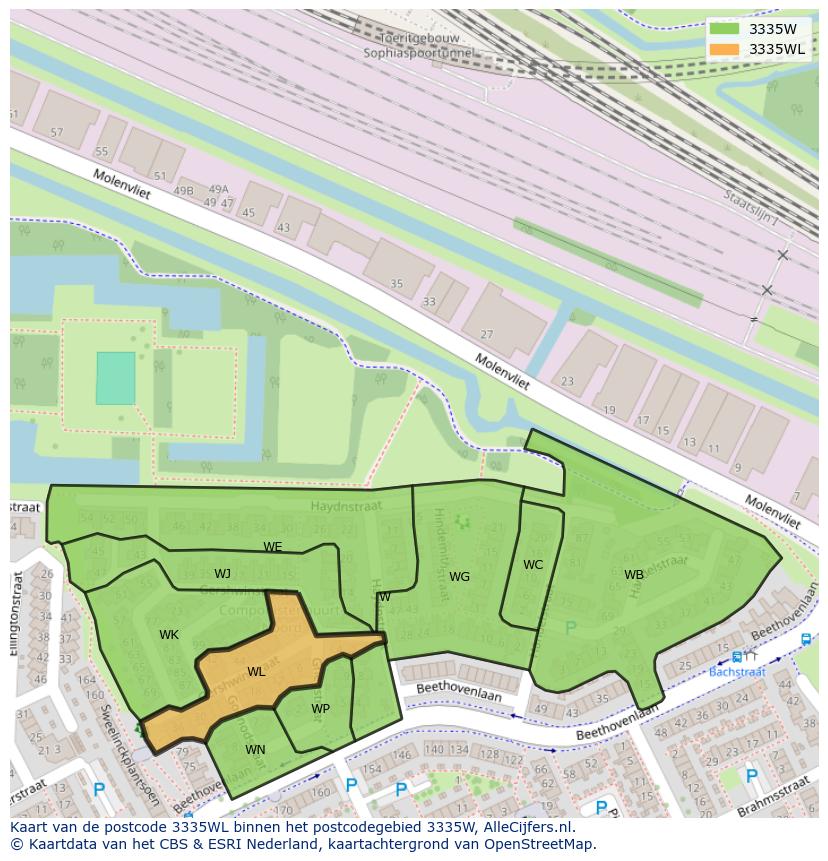 Afbeelding van het postcodegebied 3335 WL op de kaart.