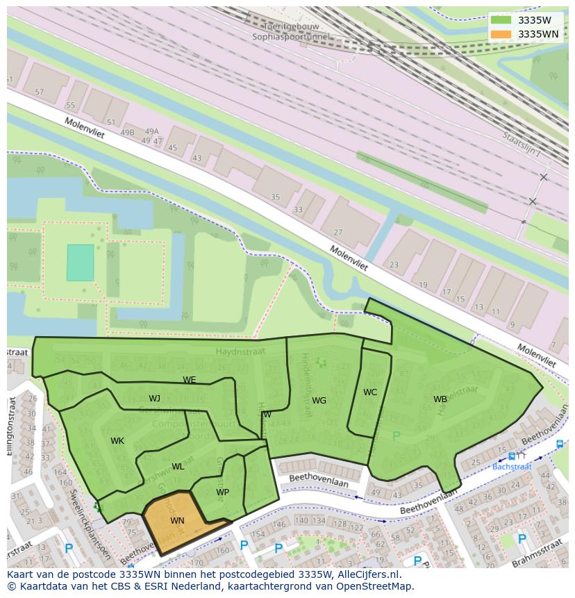 Afbeelding van het postcodegebied 3335 WN op de kaart.