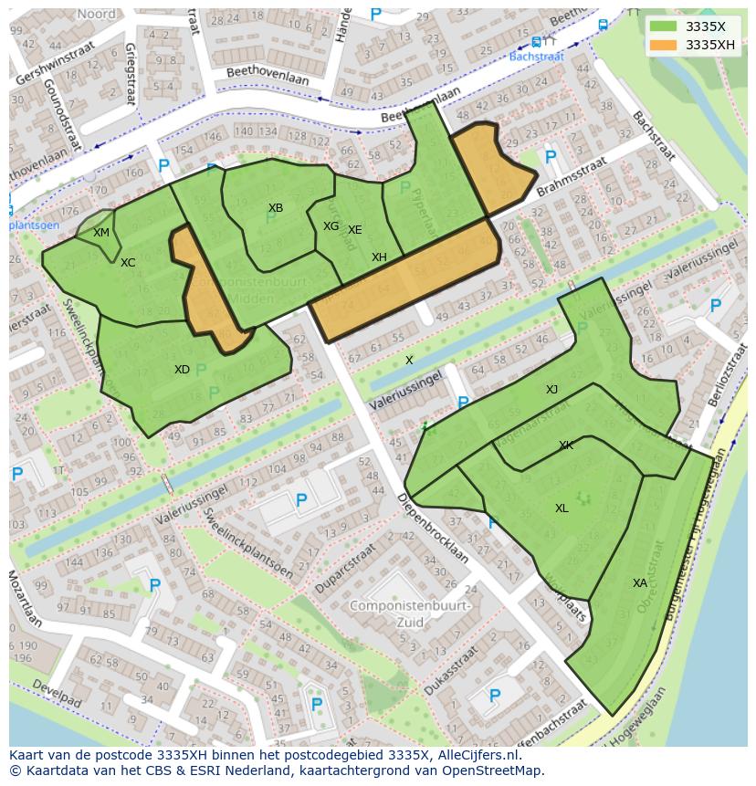Afbeelding van het postcodegebied 3335 XH op de kaart.