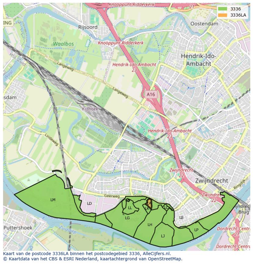 Afbeelding van het postcodegebied 3336 LA op de kaart.
