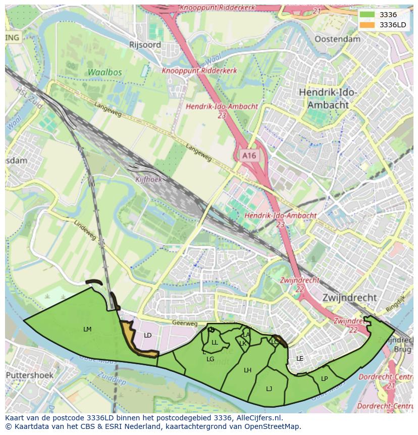 Afbeelding van het postcodegebied 3336 LD op de kaart.