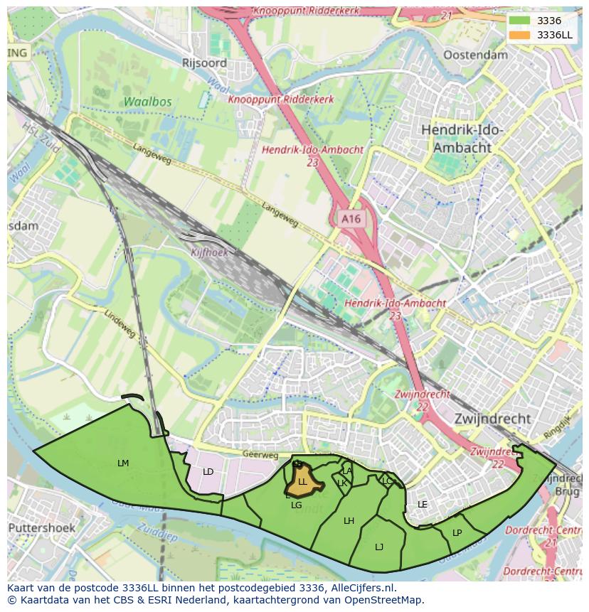 Afbeelding van het postcodegebied 3336 LL op de kaart.