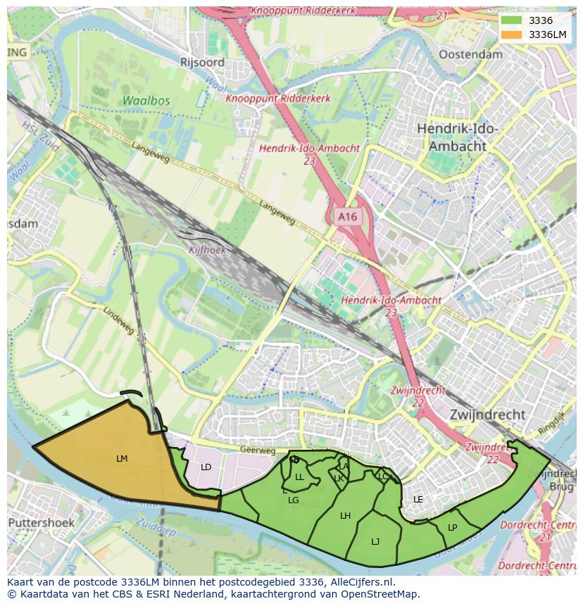 Afbeelding van het postcodegebied 3336 LM op de kaart.