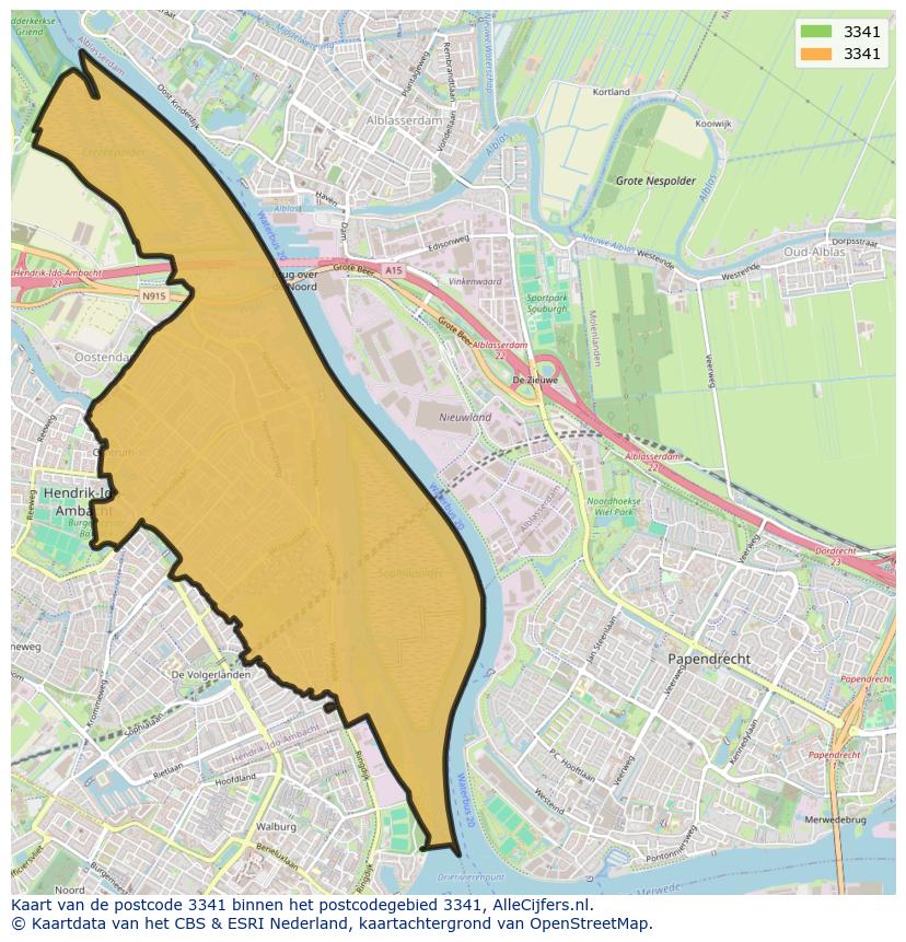 Afbeelding van het postcodegebied 3341 op de kaart.