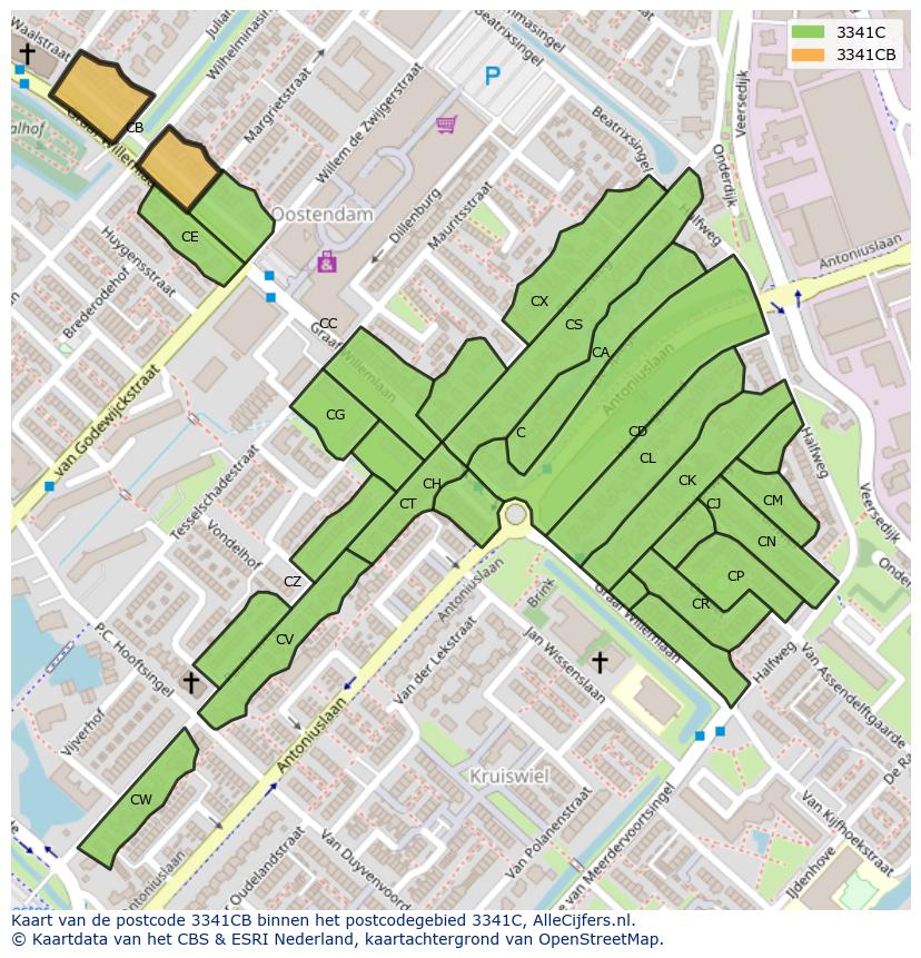 Afbeelding van het postcodegebied 3341 CB op de kaart.