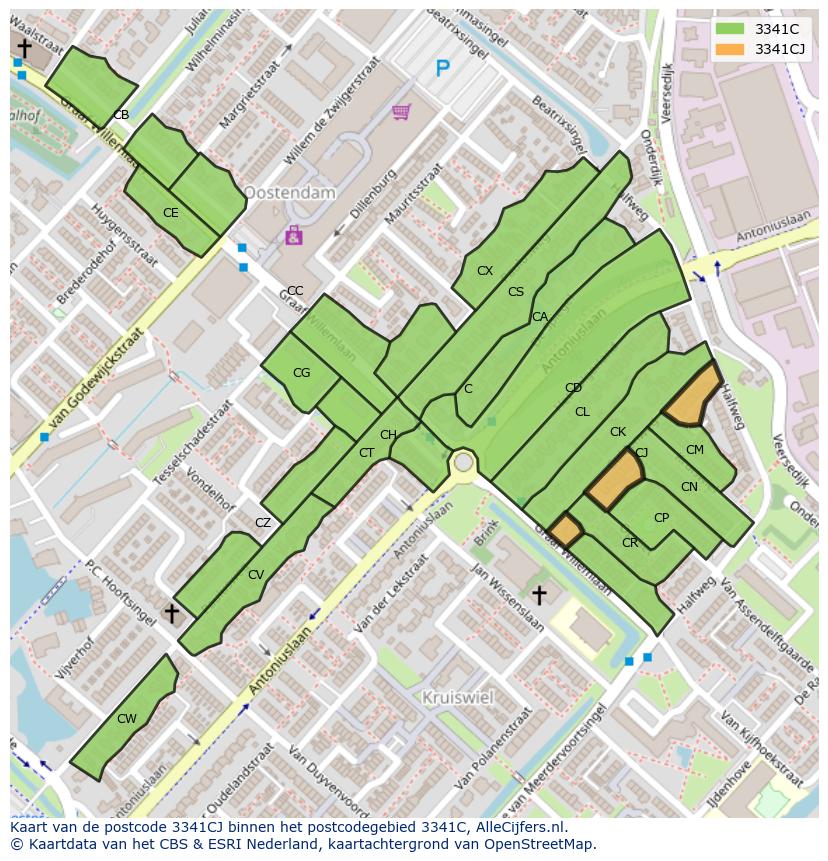 Afbeelding van het postcodegebied 3341 CJ op de kaart.