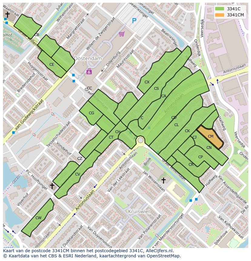 Afbeelding van het postcodegebied 3341 CM op de kaart.