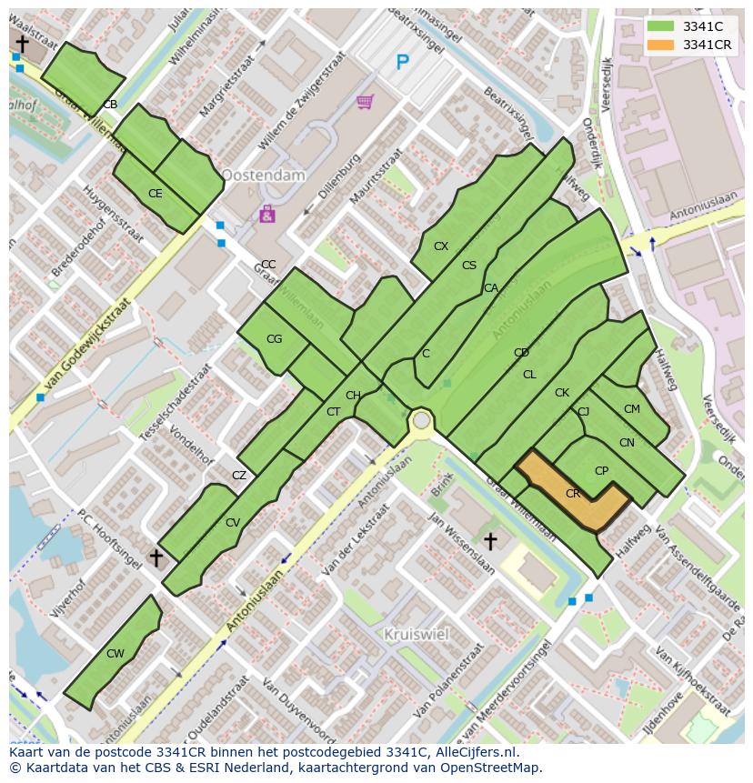 Afbeelding van het postcodegebied 3341 CR op de kaart.