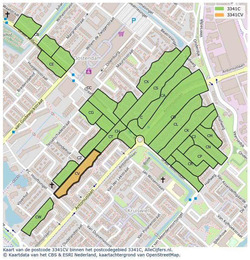 Afbeelding van het postcodegebied 3341 CV op de kaart.