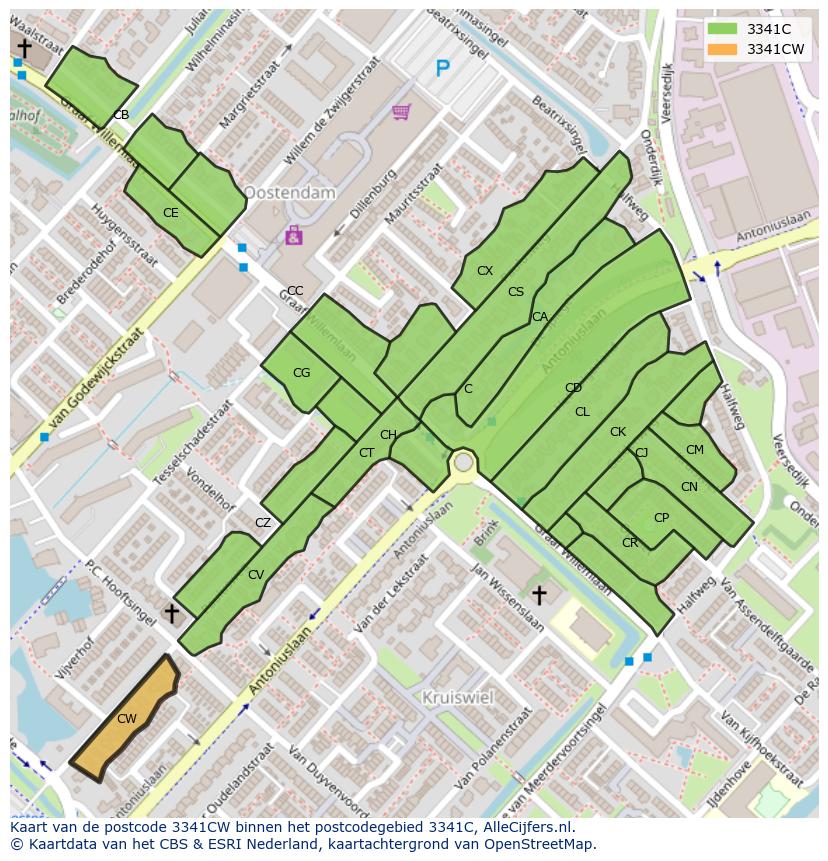 Afbeelding van het postcodegebied 3341 CW op de kaart.