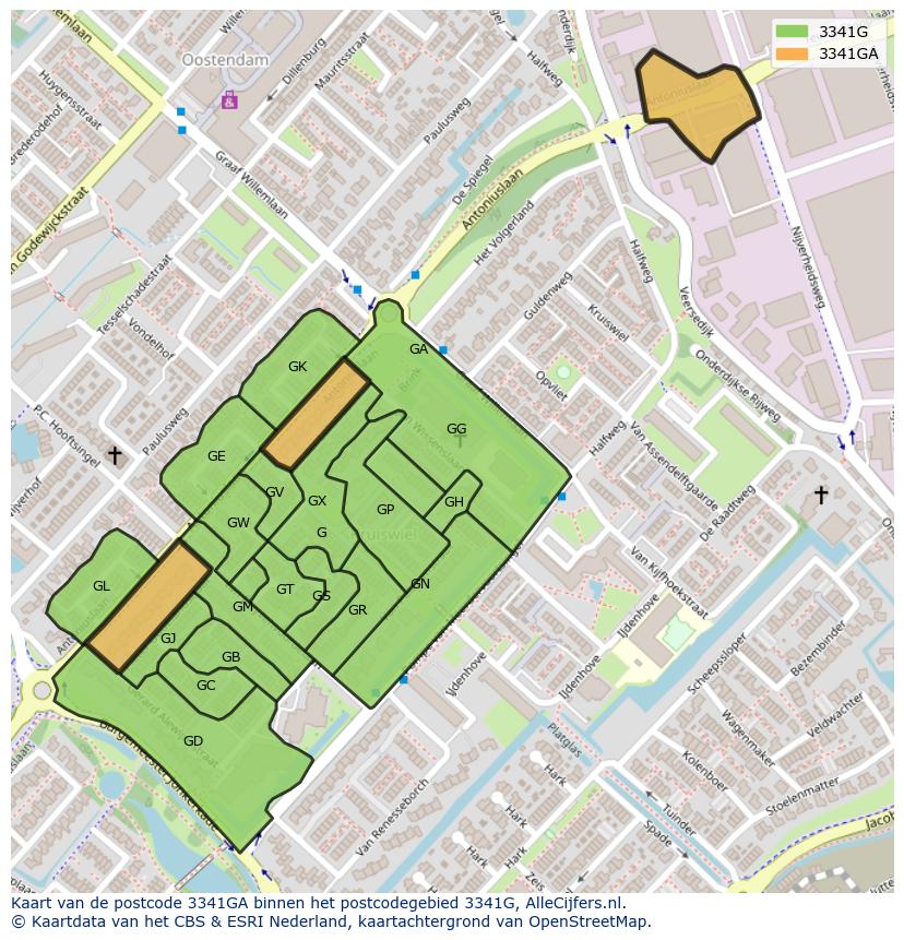 Afbeelding van het postcodegebied 3341 GA op de kaart.