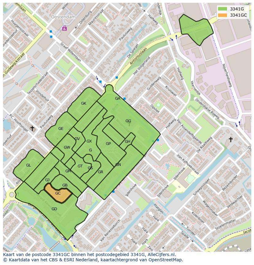 Afbeelding van het postcodegebied 3341 GC op de kaart.