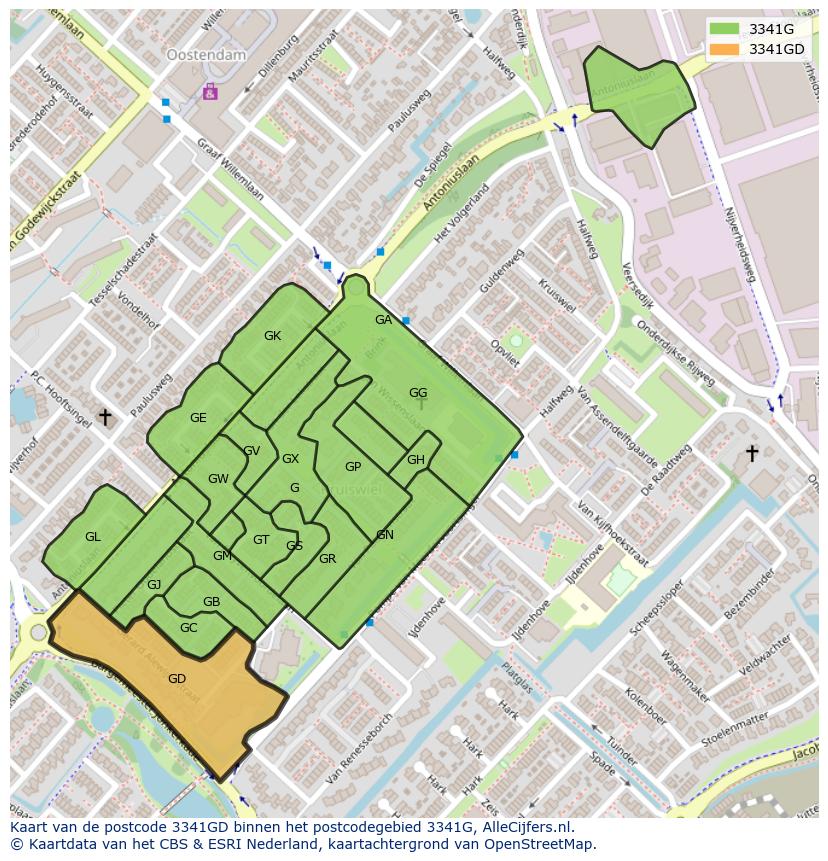 Afbeelding van het postcodegebied 3341 GD op de kaart.