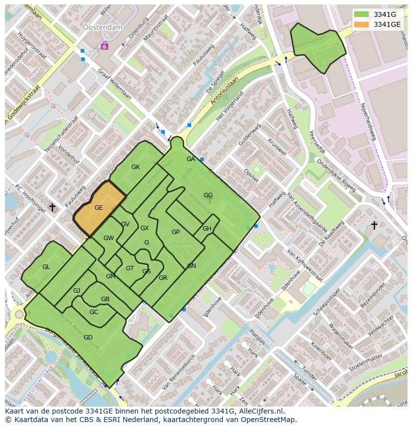 Afbeelding van het postcodegebied 3341 GE op de kaart.