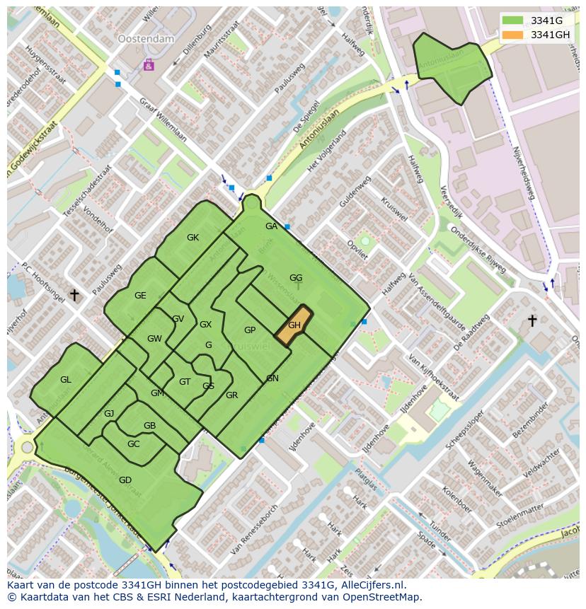 Afbeelding van het postcodegebied 3341 GH op de kaart.