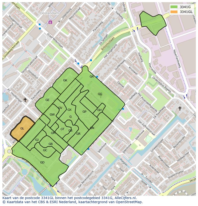 Afbeelding van het postcodegebied 3341 GL op de kaart.