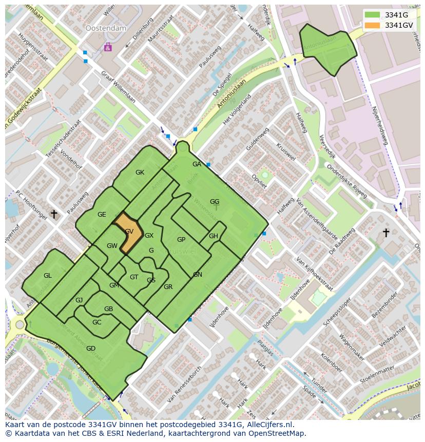 Afbeelding van het postcodegebied 3341 GV op de kaart.