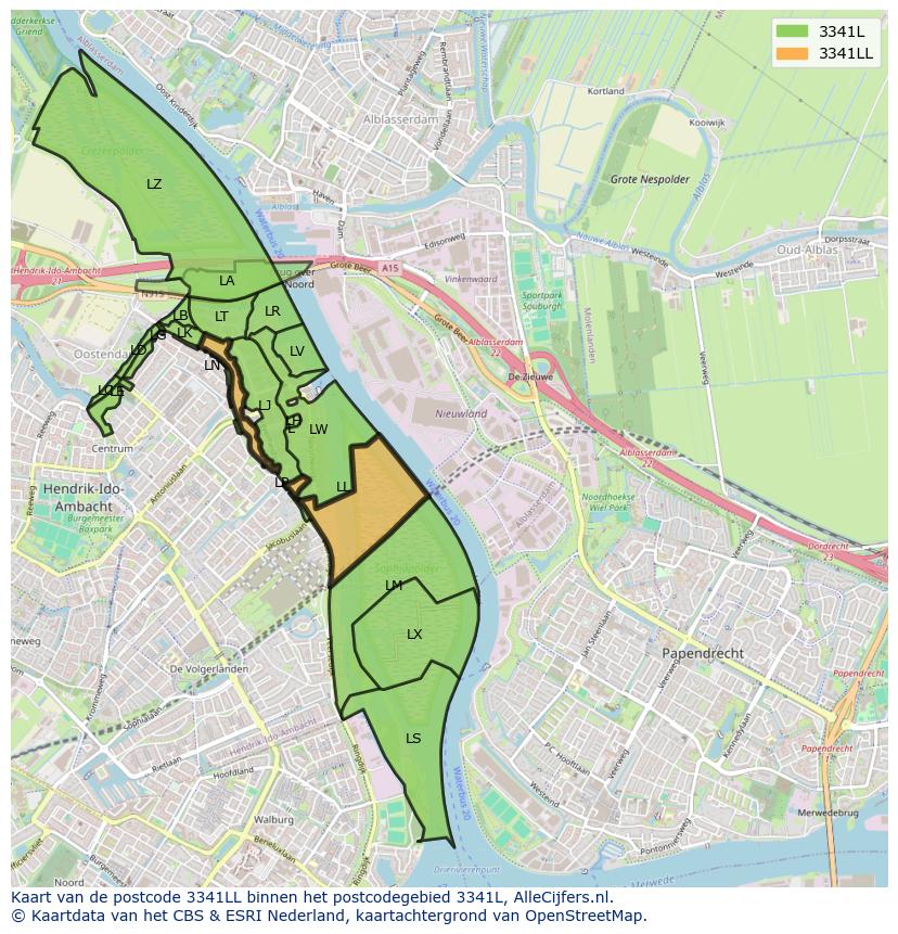 Afbeelding van het postcodegebied 3341 LL op de kaart.