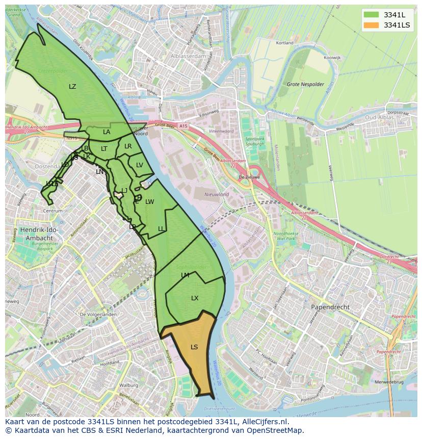 Afbeelding van het postcodegebied 3341 LS op de kaart.
