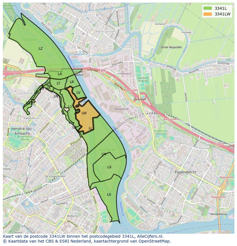 Afbeelding van het postcodegebied 3341 LW op de kaart.