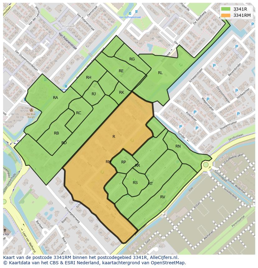 Afbeelding van het postcodegebied 3341 RM op de kaart.
