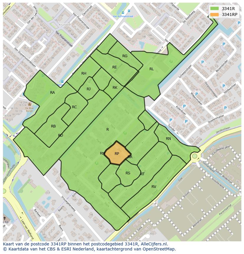 Afbeelding van het postcodegebied 3341 RP op de kaart.